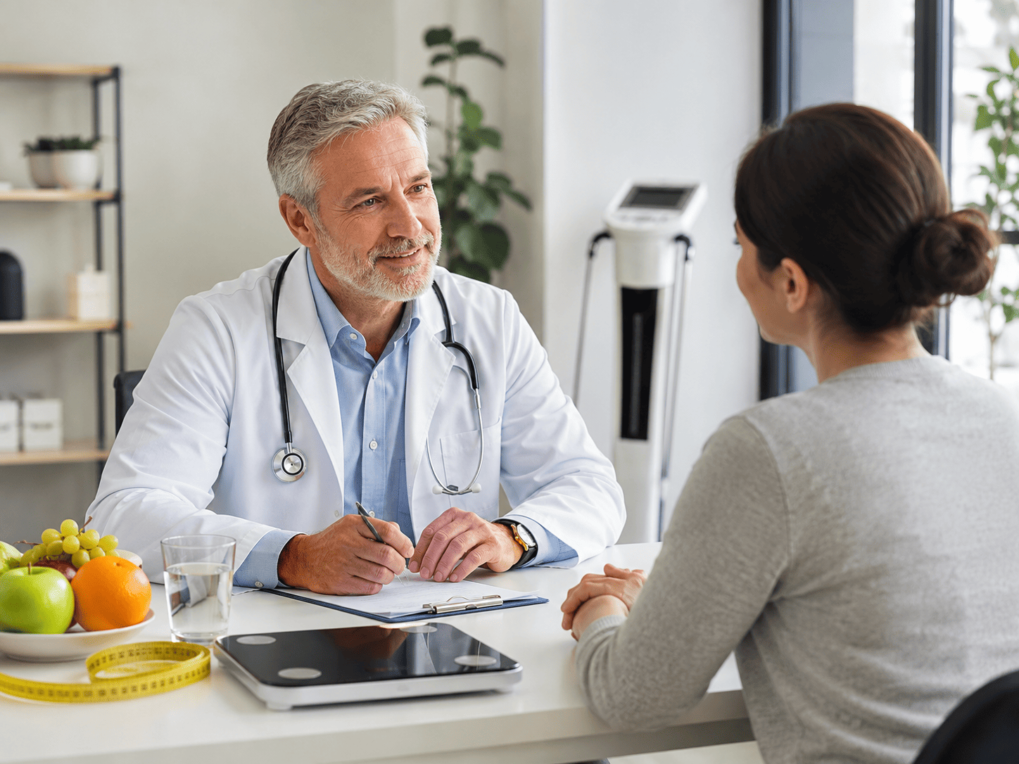 Médico conversando com paciente durante uma avaliação para emagrecimento saudável