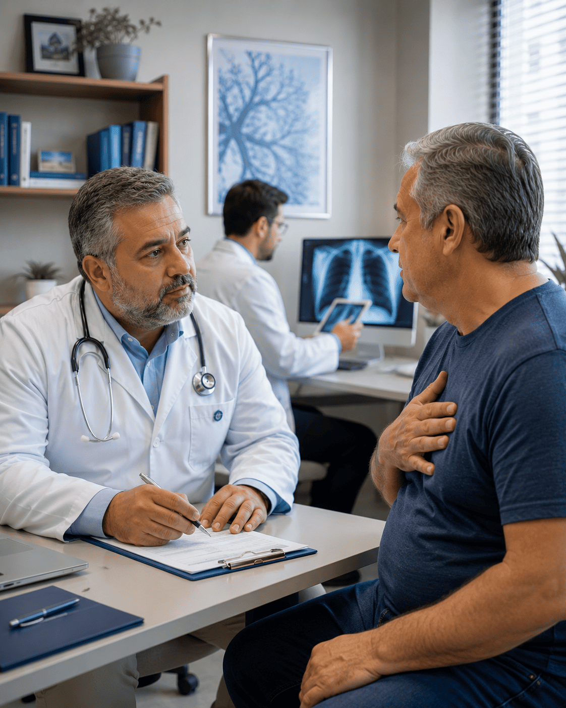 Médico clínico conversando com paciente sobre sintomas respiratórios