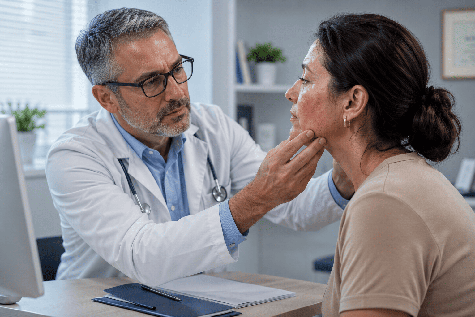 Médico avaliando uma alteração dermatológica no rosto de uma paciente