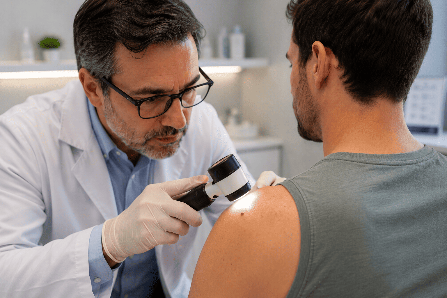 Médico examinando a pele de um paciente com equipamento clínico