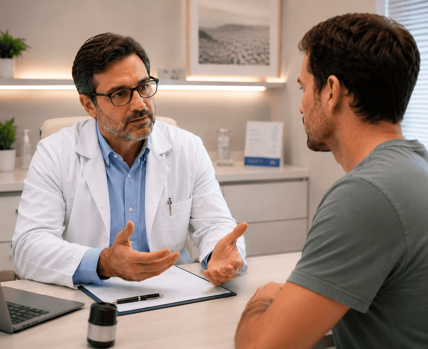 Médico conversando com paciente durante uma avaliação clínica