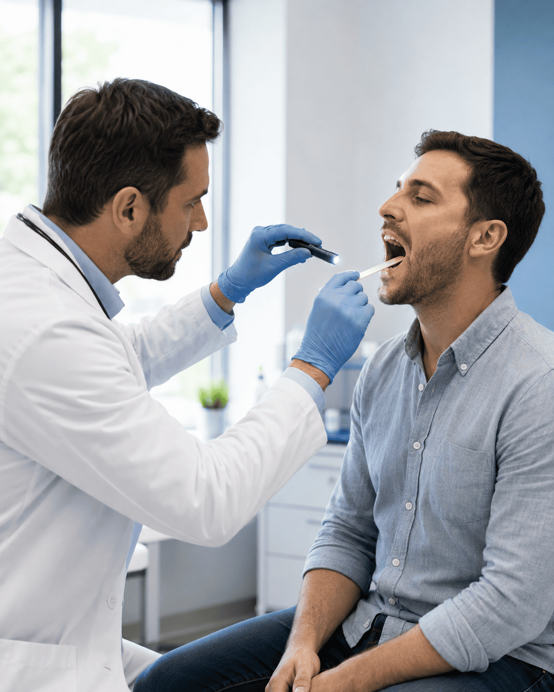 Médico avaliando a garganta de um paciente adulto