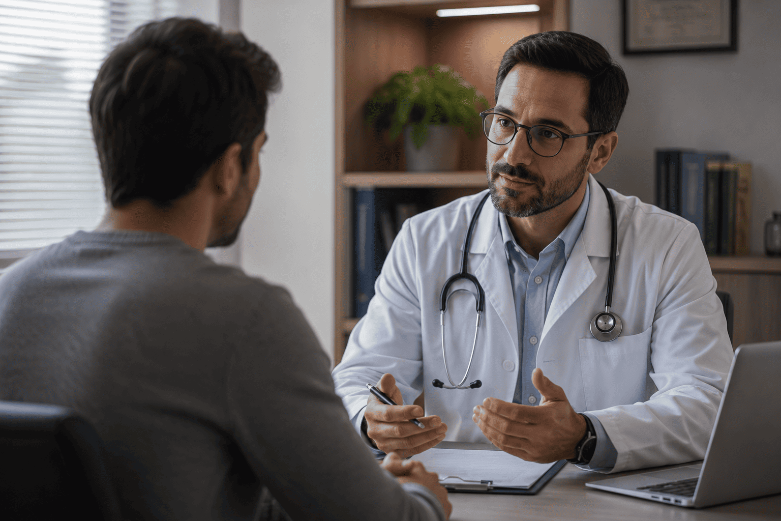 Paciente adulto conversando com médico durante avaliação clínica