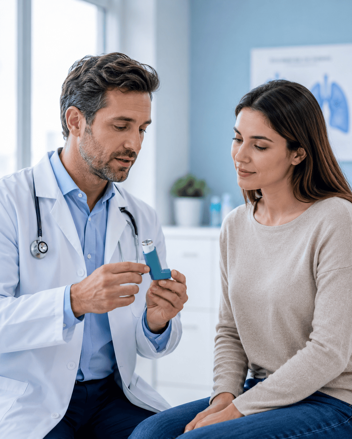 Médico orientando paciente sobre uso correto de inalador
