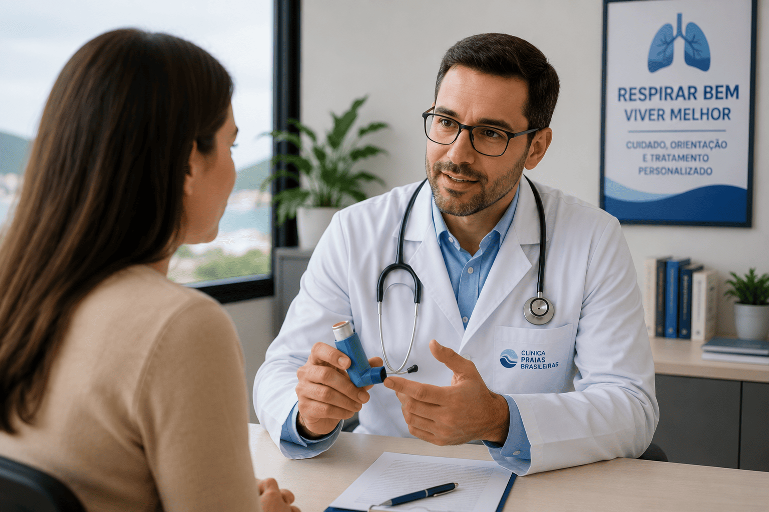 Médico orientando paciente durante consulta sobre sintomas respiratórios